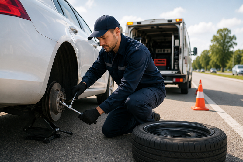 Baby Kaityln technician changing a tire on vehicle in New Orleans